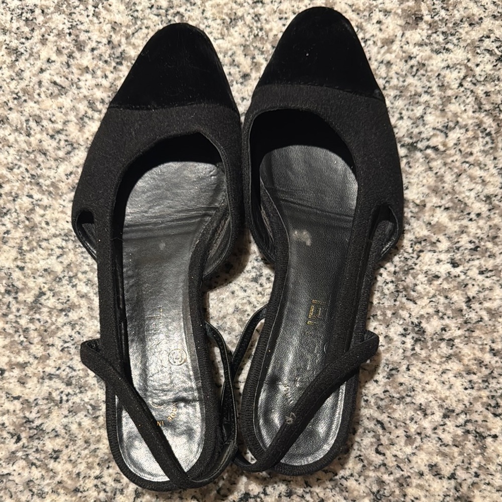 Chanel Elegant Black Women's Shoes wool & velvet toe flat sling backs